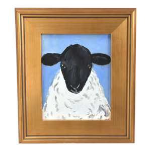 Charming Folk Art Woolly Sheep Lamb Portrait Oil Painting Including the Antiqued Gold Wood Frame