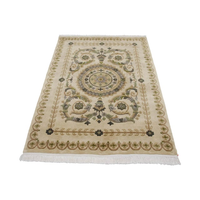 Cream Vintage Indian Savonnerie Design Rug - 4' X 5'9" For Sale - Image 8 of 10