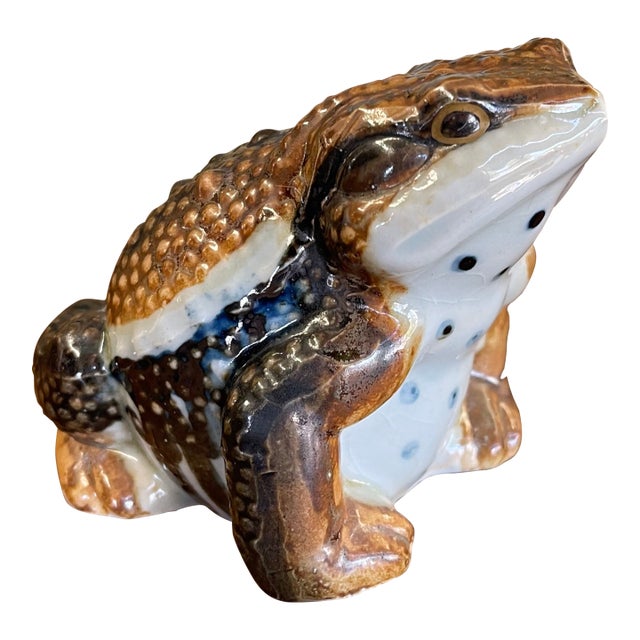 Likely Antique Japanese Meiji Period Glazed Ceramic Toad Sculpture. For Sale