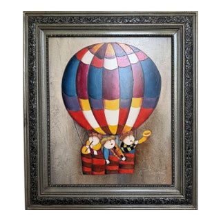 Large Roybal Oil Painting Children Balloon Whimsical Framed Canvas For Sale