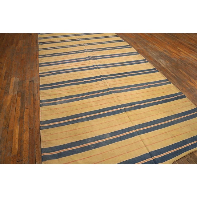 Early 20th Century 1930s Blue Yellow Stripe Antique Indian Cotton Dhurrie Rug 6' 6" X 13' 4" Flatweave Carpet For Sale - Image 5 of 5