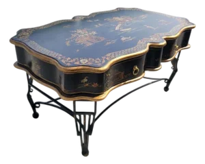Vintage Chinoiserie Pagoda Scene Scalloped 1 Drawer Black Gold Iron Base Coffee Table