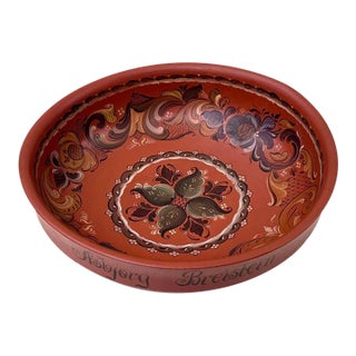 Large Vintage Norwegian Hand-Painted Wooden Folk Art Bowl, Dated 1983 For Sale