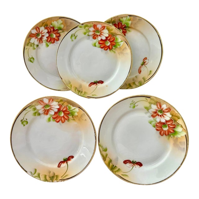 1900s Hand Painted Plates With Bright Poppies - Set of 5 For Sale