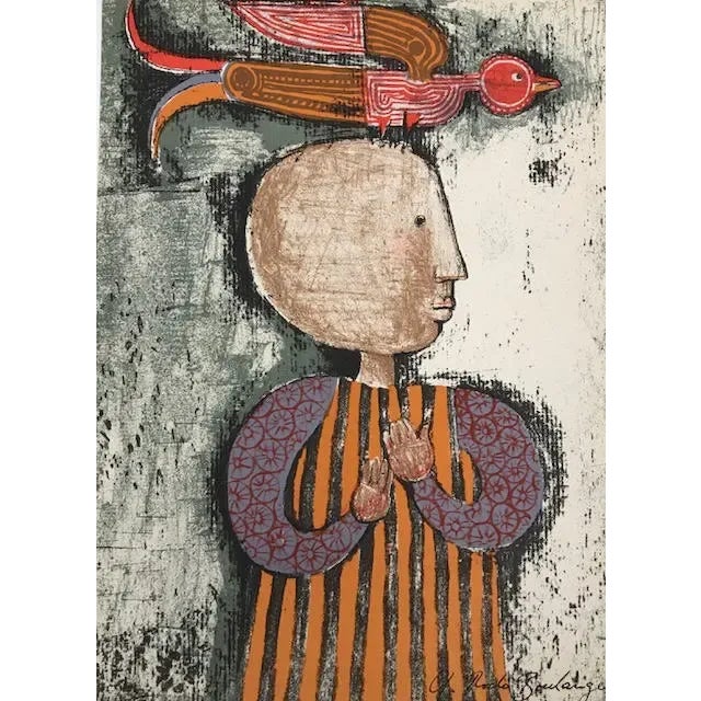 Title: Enfant et oiseau 4 Artist: Graciela Rodo Boulanger Country: Bolivia Medium: Original Lithograph Marks: Signed in...