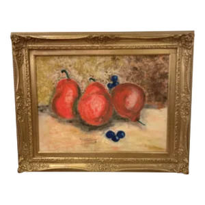 Mid 20th Century Impressionist Still Life Painting of Blueberries and Pears, Signed