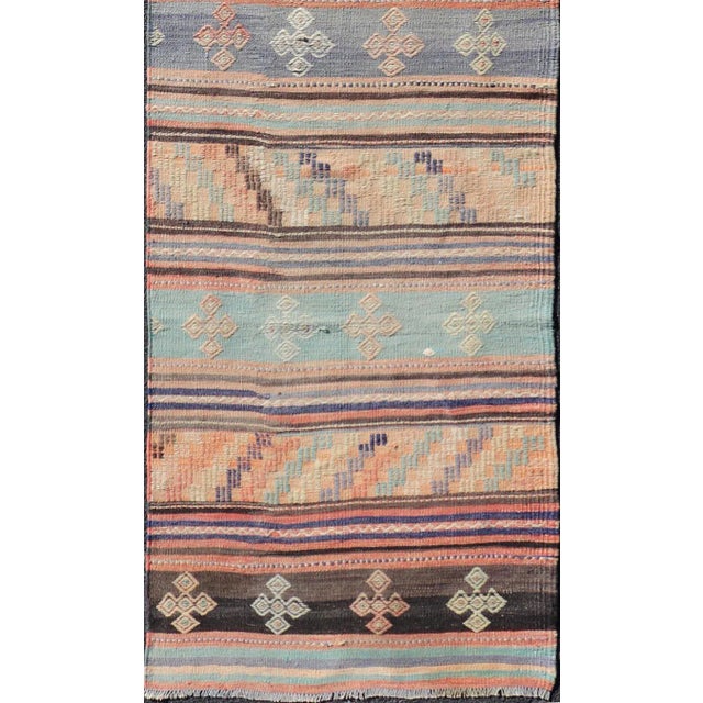 Mid 20th Century Colorful Vintage Embroidered Kilim Runner With Stripe's and Geometric Motifs For Sale - Image 4 of 11