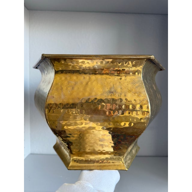 Art Deco Extra Large Vintage Hexagon Hammered Solid Brass Planter For Sale - Image 3 of 6