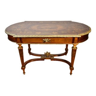 1890s Antique French Louis XVI Walnut & Satinwood Inlay Center Table Hall Table For Sale