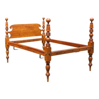 Antique New England Sheraton Maple Cannonball Rope Four Poster Bed with Carvings For Sale