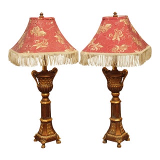 Gold Urn Form Table Lamps with Shades - A Pair For Sale