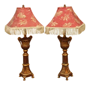 Gold Urn Form Table Lamps with Shades - A Pair