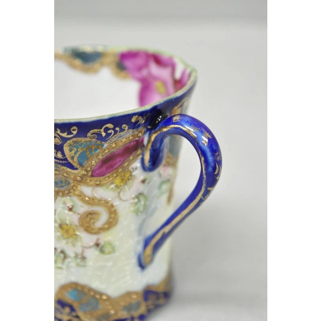 Ceramic Antique Victorian Teacup & Saucer Cobalt Blue & Roses W/ Draped Gold Trim For Sale - Image 7 of 16