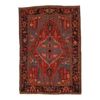 Antique Persian Serapi Carpet Handmade Wool Oriental Rug, Red, Ivory, Light Blue For Sale