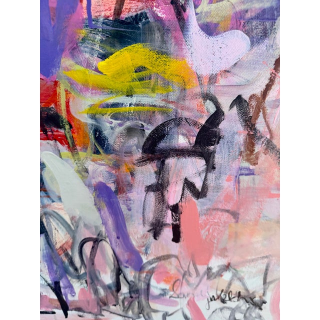 An expressive abstract alive with layers of lavender, pink, gold, and deep violet. Energetic brushwork and gestural marks...