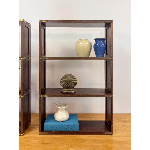 Bombay Company Campaign Style Shelf Pair Brass Trim Vintage Traditional For Sale - Image 9 of 18
