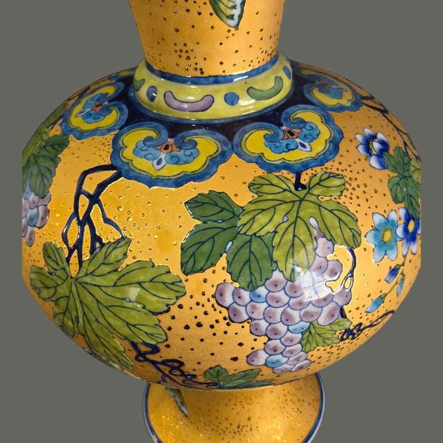Late 20th Century Vintage Chinoiserie Temple Tall Vase Heavily Gilded Floral Grapes Butterflies For Sale - Image 5 of 10