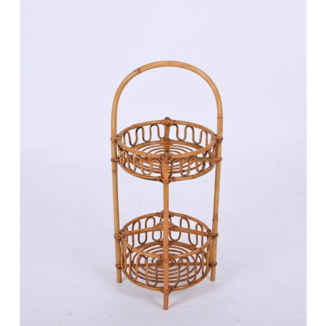French Riviera Round Service Table with Bamboo and Rattan Bottle Holder, 1960s For Sale - Image 6 of 16