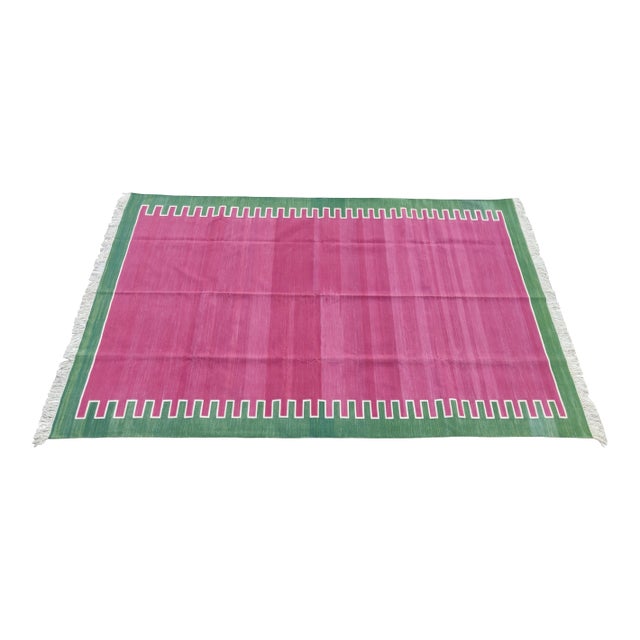 Handmade Cotton Rug, Raspberry with Forest Green Geometric Border and Cream Fringe - 6'x9' For Sale