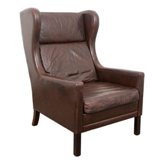 Mid Century Danish Modern Lounge Chair Wingback Brown Leather High Back Seat MCM For Sale