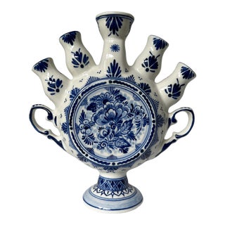 Vintage Early 20th Century Hand-Painted Delft Tulip Vase For Sale