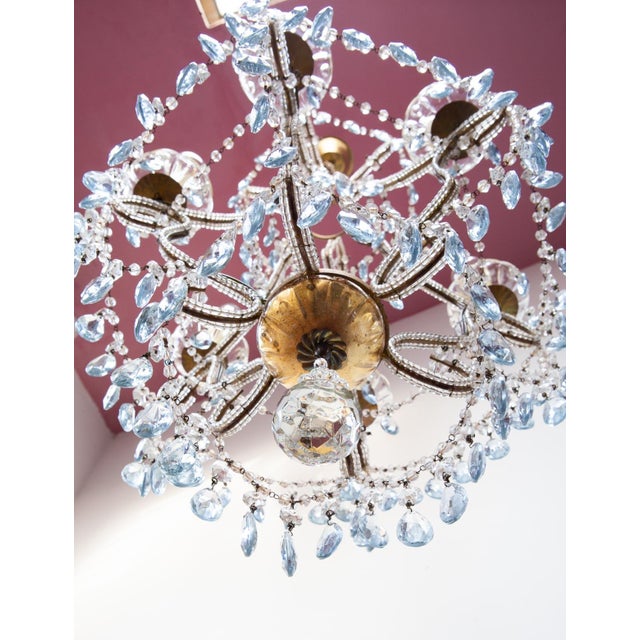 Metal Italian Waterfall Chandelier in Gold-Plated Metal with Blue Crystals, 1960s For Sale - Image 7 of 14