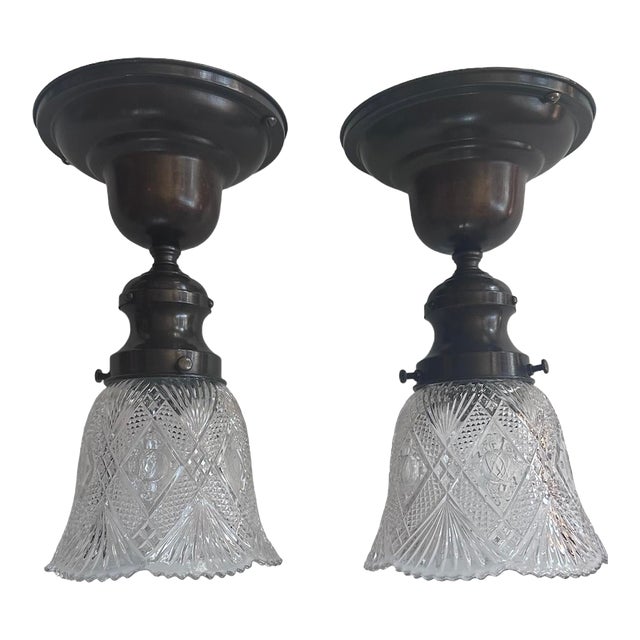 Pair of Pressed Glass Flush Mount Fixtures on Brass Holders, Circa 1920 For Sale