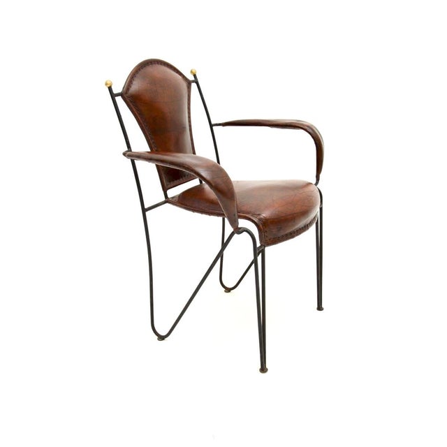 Mid-Century Modern Vintage French Iron and Leather Armchair attributed to Jacques Adnet, 1960s For Sale - Image 3 of 10