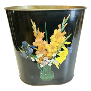 Mid-Century Boho Chic Flora Metal Wastebasket. For Sale