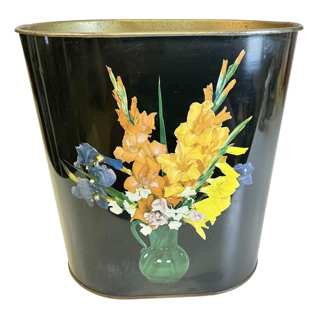 Mid-Century Boho Chic Metal Wastebasket. For Sale