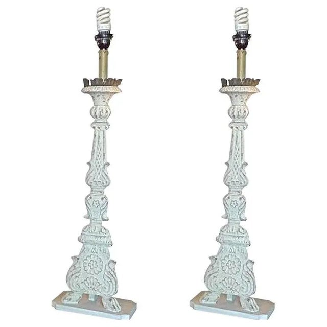 19th Century Italian Hand-Painted Wood and Tin Church Candlestick Lamps - a Pair For Sale - Image 13 of 13