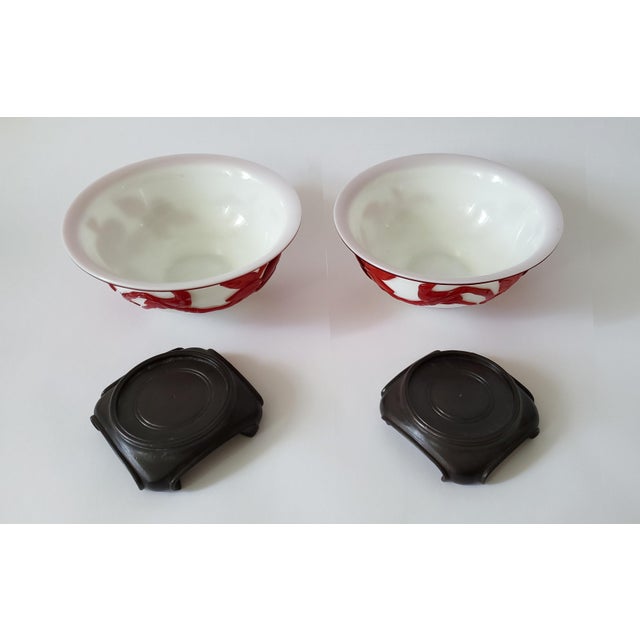 Baccarat Pair of Antique Chinese Peking Glass Bowls With Carved Red Glass Overlay in the Style of Kangxi or Qing Dynasty. For Sale - Image 4 of 11