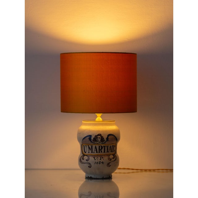 Italian Apothecary Jar Table Lamp with New Dupion Silk Lampshade from Deruta, 1800s For Sale - Image 4 of 12