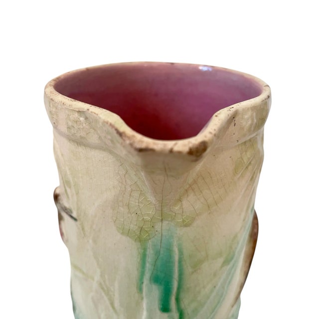 Tan Antique England Majolica Pitcher Crane Stork & Lily Pad Aesthetic Style #36 For Sale - Image 8 of 8