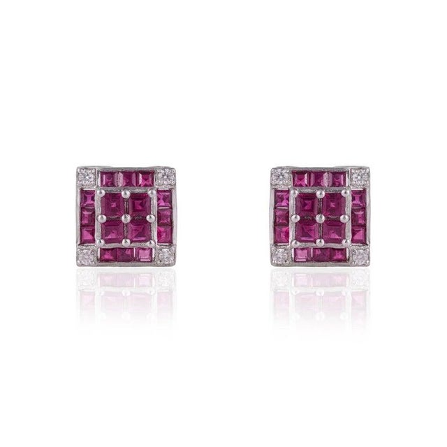 Not Yet Made - Made To Order Art Deco Natural Ruby & Diamond Square Stud Earrings in Sterling Silver, A Pair For Sale - Image 5 of 12