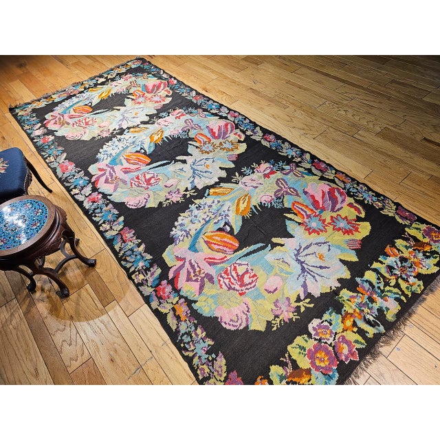 Art Nouveau Vintage Caucasian Karabagh Kilim, Floral Wreaths Pattern, Handwoven Wool, 6' x 13' For Sale - Image 3 of 13