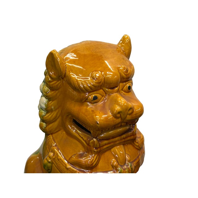 Mustard Pair Chinese Tri-Color Mustard Yellow Glaze Fengshui Lions Foo Dogs For Sale - Image 8 of 15