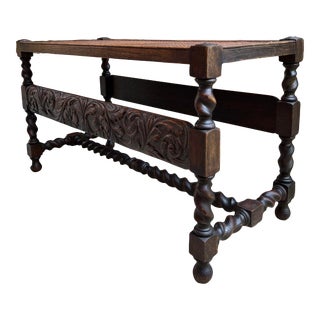 Antique English Barley Twist Bench Carved Oak Cane Seat Duet Size Dining Bench For Sale