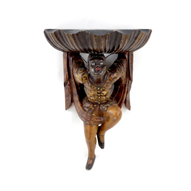 Burnt Umber Pair of Wooden Hand Carved Figure Wall Brackets For Sale - Image 8 of 11