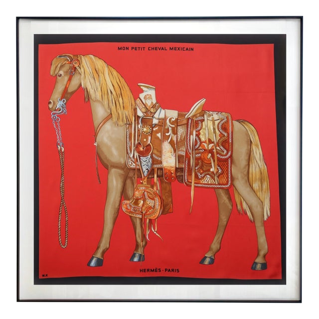 Framed Hermès Scarf "Mon Petit Cheval Mexicain" by Wlodek Kaminski - Midnight Black Frame For Sale
