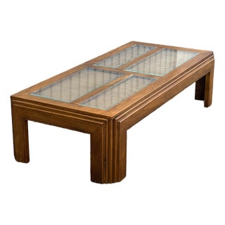 Mid Century Modern Waterfall Edge Cane and Glass Top Coffee Table For Sale