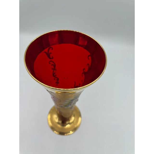 Ruby Red Late 19th Century Moser Style Cranberry Glass Vase With Gilt and Applied Floral Decoration For Sale - Image 8 of 11
