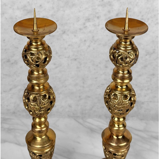1970s Vintage 15" Chinese Brass Dragon Motif Mantle Candlestick Holders - A Pair For Sale - Image 5 of 9