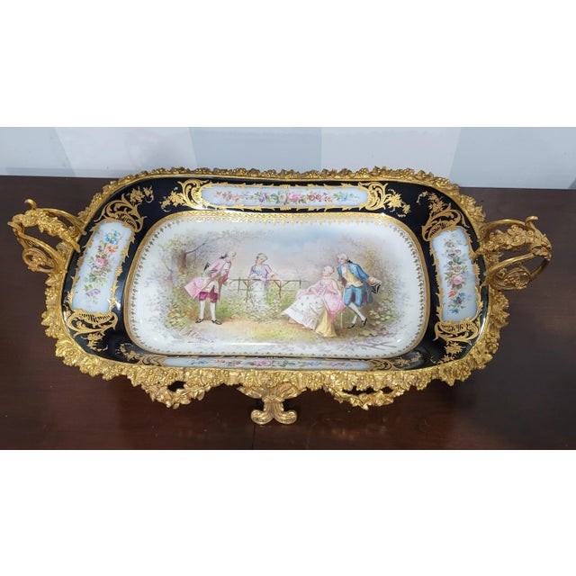 Late 19th Century 19th Century A. Chapuis Signed Sevres Painted Cobalt & Gilt Porcelain Ormolu Centerpiece For Sale - Image 5 of 13