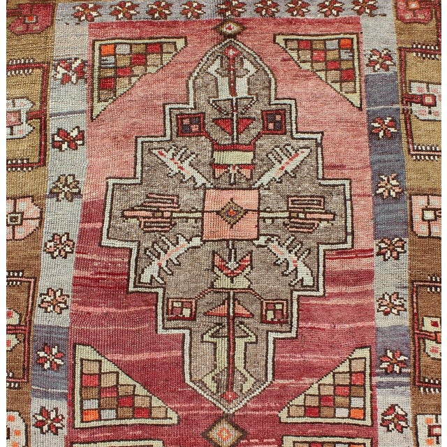 Tribal Vintage Turkish Oushak Long Runner With Rose and Pink 4'2" X 14'0" For Sale - Image 3 of 9