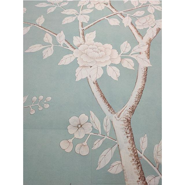 Hand-Painted Chinoiserie Wallpaper Panels – Elegant Botanical Bird Mural, Soft Green Luxury Wall Art, 3 Panels 36x72” For Sale - Image 4 of 4