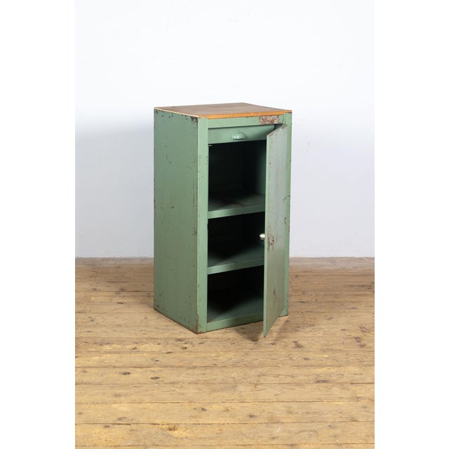 Green Metal Cabinet Wooden Top with Drawer, 1970s, in Good conditions. Designed 1970 to 1979