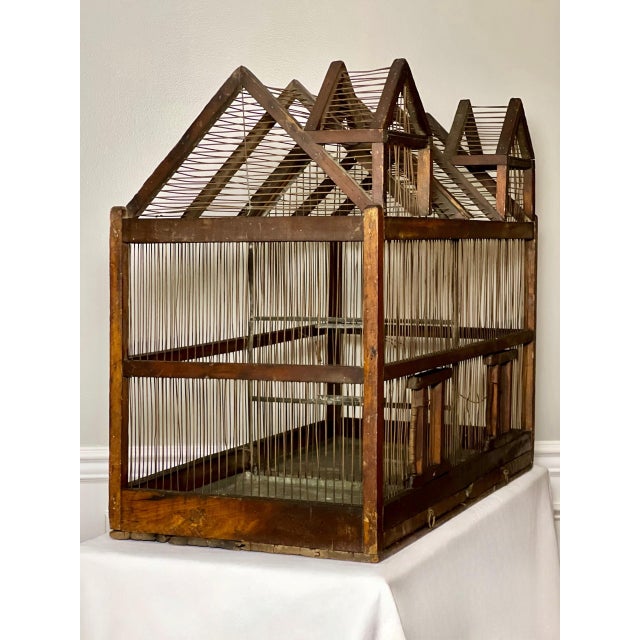 Late 19th Century 19th Century Architectural Dual Compartment Wood and Wire Birdcage For Sale - Image 5 of 16
