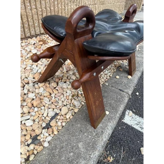 Brown Pair of Vintage Vinyl Seat Brass Inlaid Camel Saddle Stools For Sale - Image 8 of 12