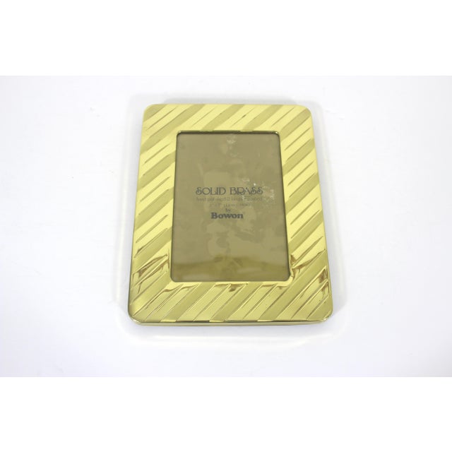 80’s 5x7 Rectangular Striped Brass Picture Frame With Black Velvet Back, Table Top Photograph Frame, Easel Back For Sale - Image 4 of 9